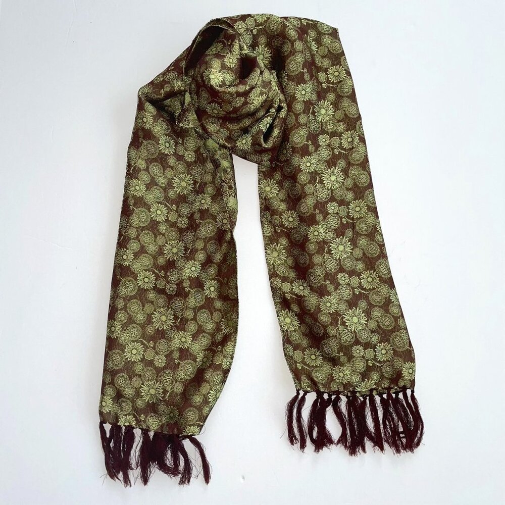 Floral Pattern Tasseled Jacquard Scarf Green and Brown 10" x 52" EUC